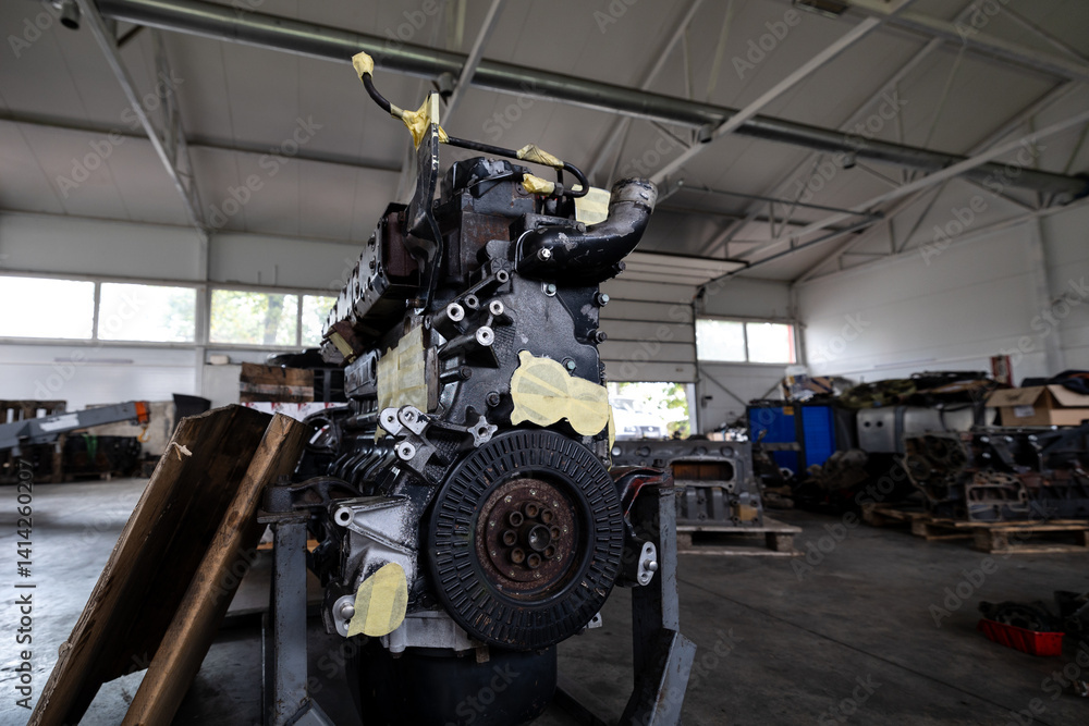 Fototapeta premium A disassembled diesel truck engine block stands in a repair shop or warehouse surrounded by other engine parts and equipment