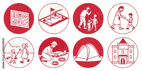 Family Activity Icons: Games, Outdoor Play, Parenting, Camping, Red Line Art