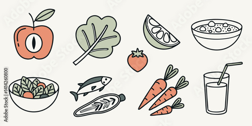 Healthy Diet Line Art Icons Fruits Vegetables Salad Fish Drink