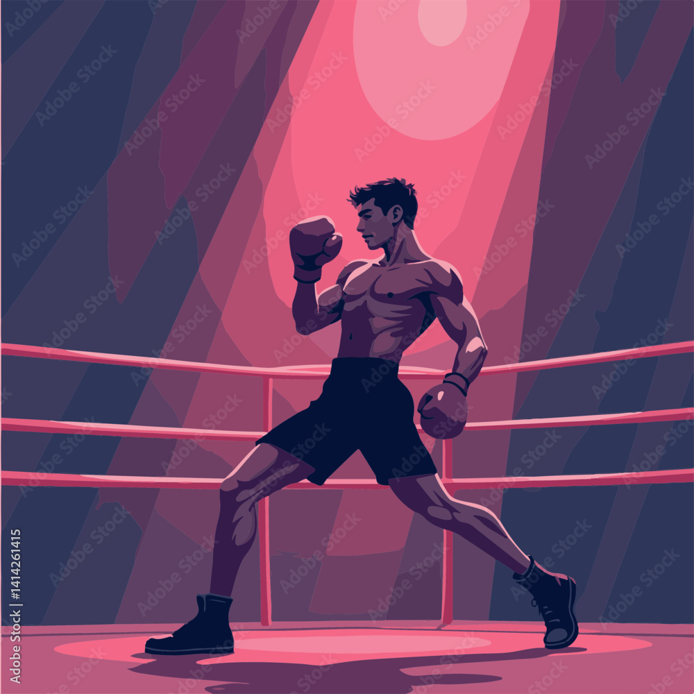 Boxer preparing for a fight in a ring against a dramatic background Boxer preparing for a fight in a ring against a dramatic background