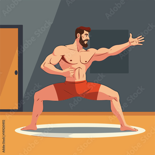 Fit man practicing martial arts in a spacious room  
