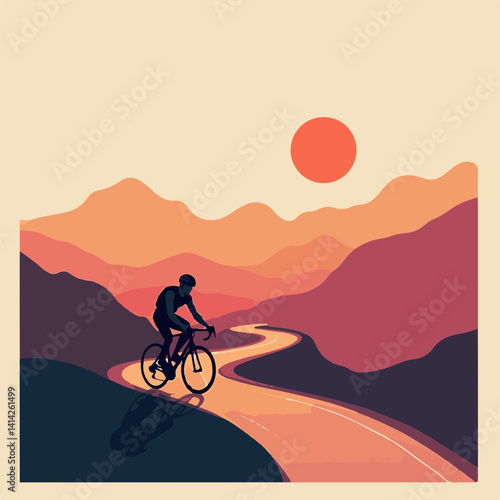 Cyclist Enjoying Sunset Over Winding Mountain Road  