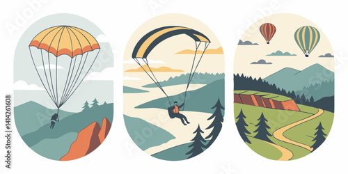 Scenic Outdoor Adventure Travel Vector Art Parachute Paragliding Hot Air Balloons