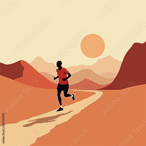 Athlete running in desert landscape during sunset  