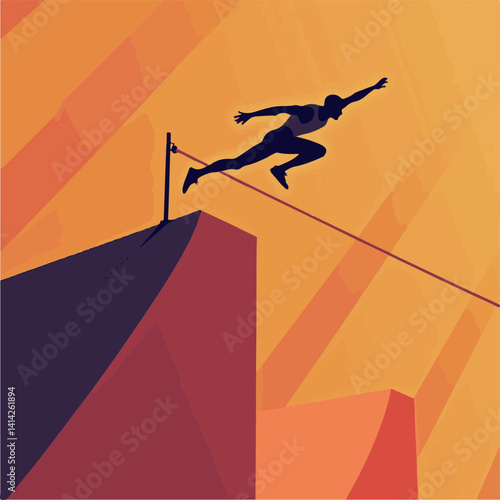 Athletic figure leaping across a gap against a gradient background  