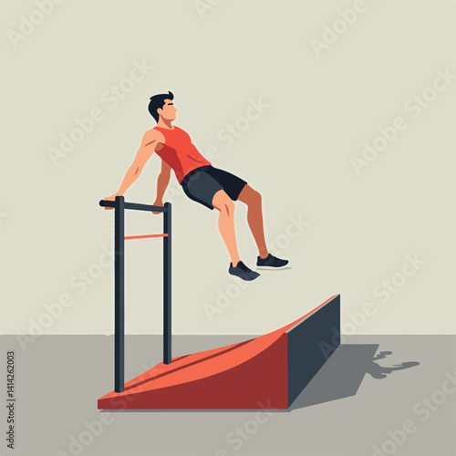 Athletic man performing exercise on parallel bars against wall  