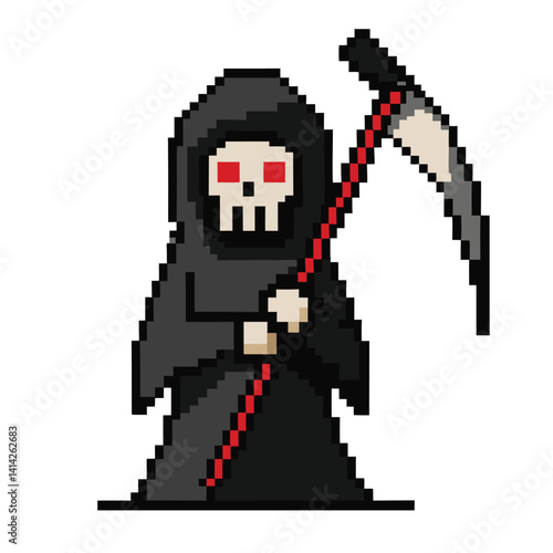 hooded reaper with pixelated scythe logo on white