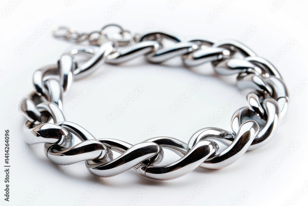 Fototapeta premium Elegant silver chain bracelet showcasing intricate links on a soft white background isolated on transparent background