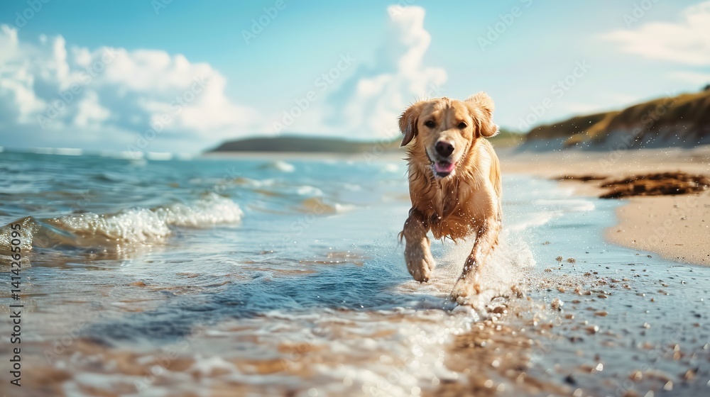 Energetic Dog Running Along the Bright Ocean Shore, Capturing Joyful Freedom and the Sparkle of Coastal Sunshine Energetic Dog Running Along the Bright Ocean Shore, Capturing Joyful Freedom and the Sparkle of Coastal Sunshine