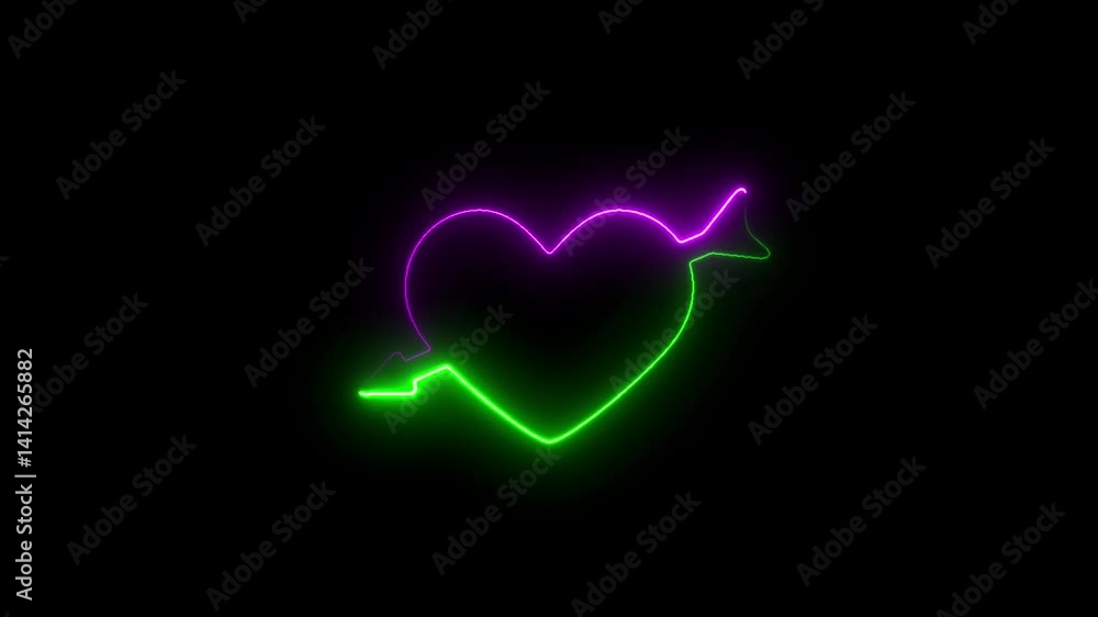Neon love heart, color shift animation. Glowing neon heart icon a heart pierced by an arrow of cupid on black background. Neon love heart, color shift animation. Glowing neon heart icon a heart pierced by an arrow of cupid on black background.