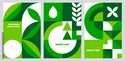 Earth day environment posters with geometric pattern. Vector vertical cover or layout templates for April 22 celebration. Environmental awareness with modern modular mosaic shapes in green and white