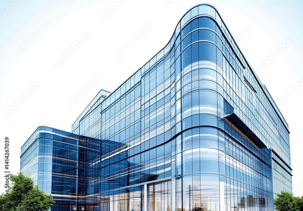 Modern Glass Office Building with Blue Color in Wide-Angle View Modern Glass Office Building with Blue Color in Wide-Angle View