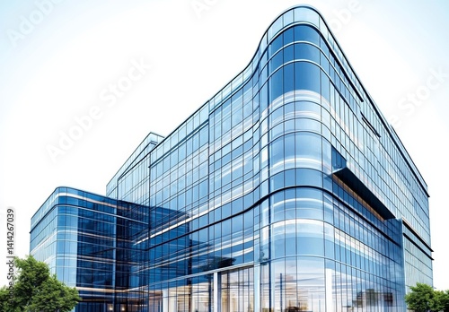 Modern Glass Office Building with Blue Color in Wide-Angle View