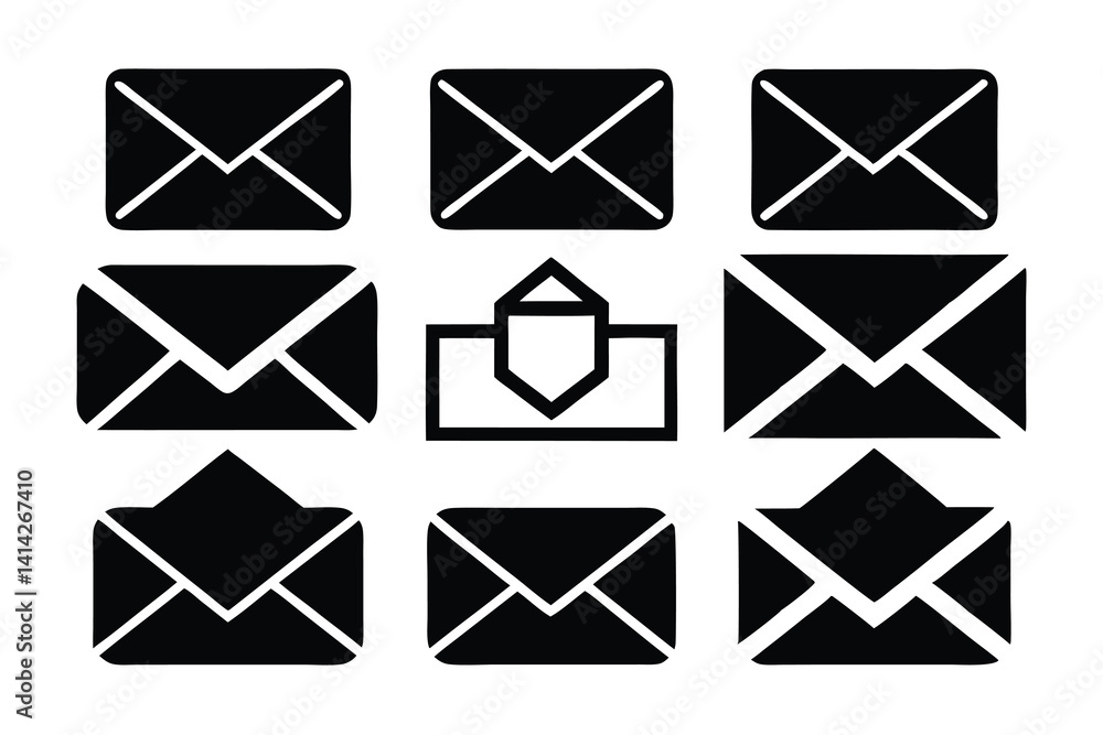 silhouette email icon collection black vector graphic white background silhouette email icon collection black vector graphic white background