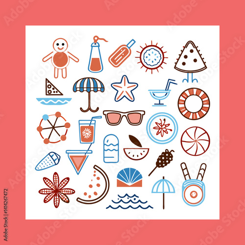 Vector icons at the beach theme. The template for your design.