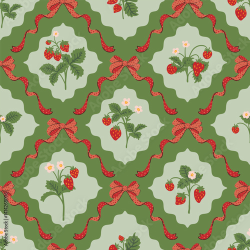 Red wild strawberry coquette ribbon bow trellis checkered seamless pattern Damask Rhombus Background