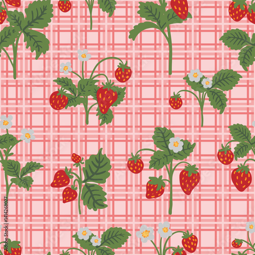 wild strawberry trellis pink checkered seamless pattern. food print, kitchen decor, tablecloths