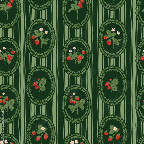 strawberry with flower in lace frame preppy flirty seamless pattern on striped background