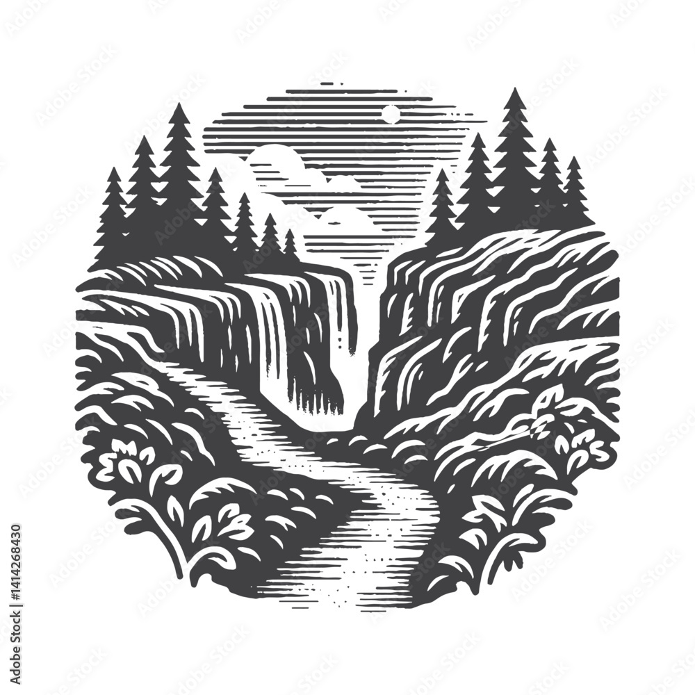 Simple Hiking Trail Leading to a Waterfall Vector Design – Vintage Logo & Retro Illustration Simple Hiking Trail Leading to a Waterfall Vector Design – Vintage Logo & Retro Illustration