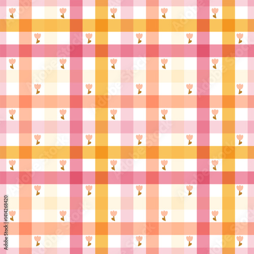 Geometric checkered plaid tartan and tulip flower seamless pattern for tablecloth pink orange green