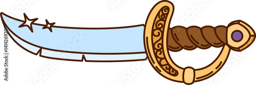 Cartoon groovy corsair and pirate sabre with a rugged blade and gemstone on its golden handle. Isolated vector retro vintage sword, symbol of danger, adventures and daring voyages on the high seas