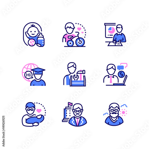 Life stages of a man - line design style icons set