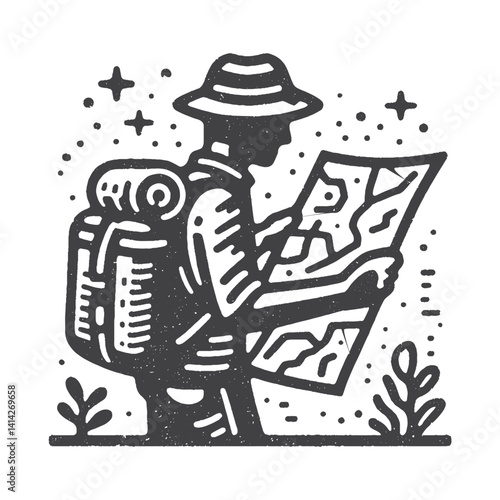 Simple Hiker Looking at a Map Vector Design – Vintage Logo & Retro Illustration