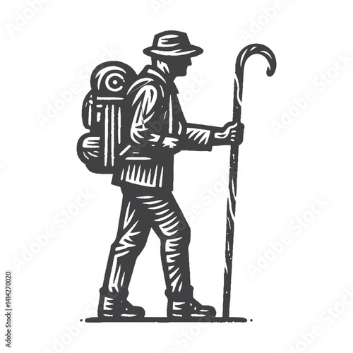Simple Hiker Walking with Backpack Vector Design – Vintage Logo & Retro Illustration