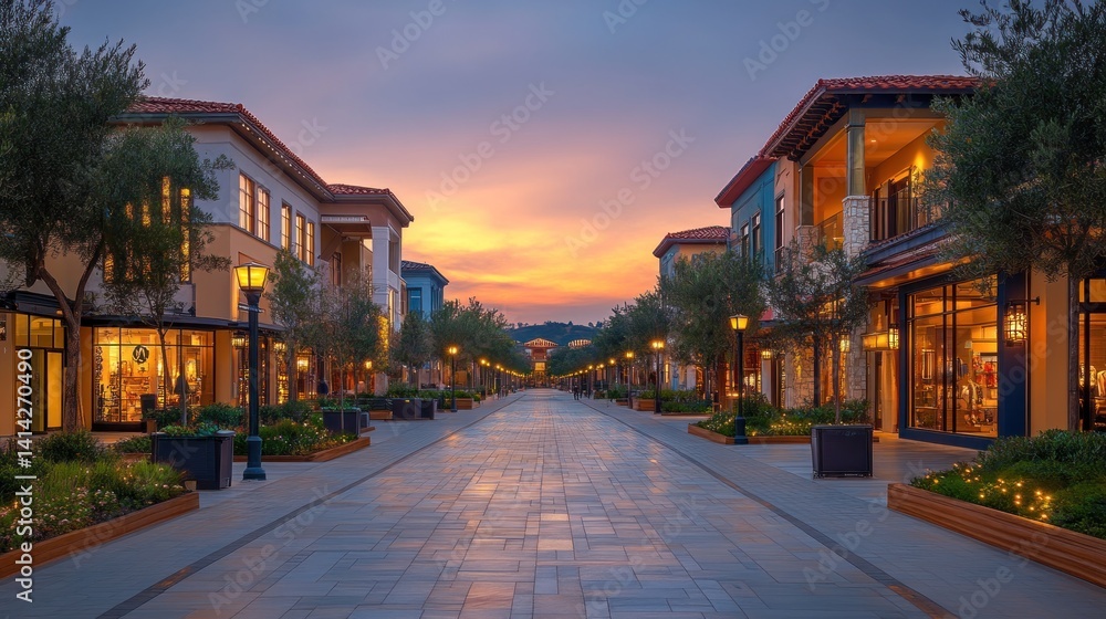 Fototapeta premium Sunset Stroll: Elegant Shops at Dusk