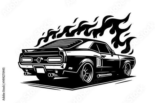 A vintage classic car with flames, isolated on a white background.