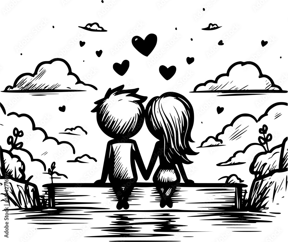 Bride And Groom Just Married Romantic Illustration Vector Graphics