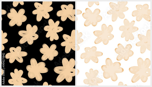 Cute Hand Drawn Floral Seamless Vector Pattern. Beige Doodle Style Flowers on a Black and White Background. Abstract Floral Wallpaper. Abstract Blooming Garden Repeatable Print. 