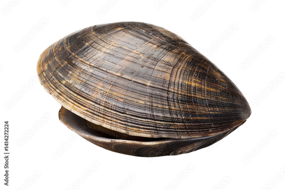 A beautifully textured clam shell resting elegantly on a light surface showcasing nature's artistry isolated on transparent background A beautifully textured clam shell resting elegantly on a light surface showcasing nature's artistry isolated on transparent background