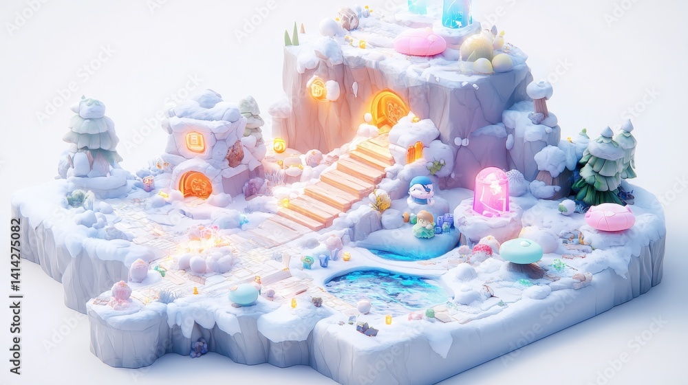 Dreamy Winter Wonderland with Colorful Lights and Cozy Structures Dreamy Winter Wonderland with Colorful Lights and Cozy Structures