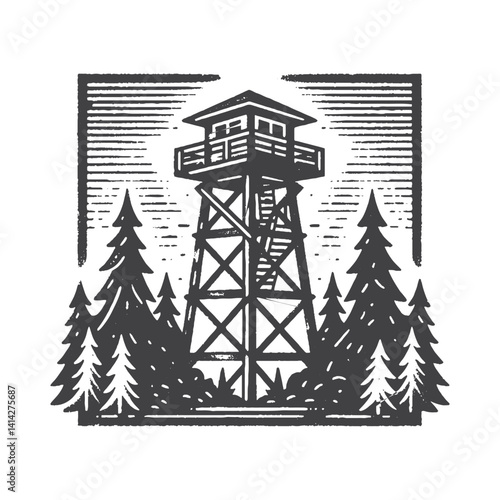 Fire Lookout Tower in Dense Forest Vector Design – Vintage Logo & Retro Illustration