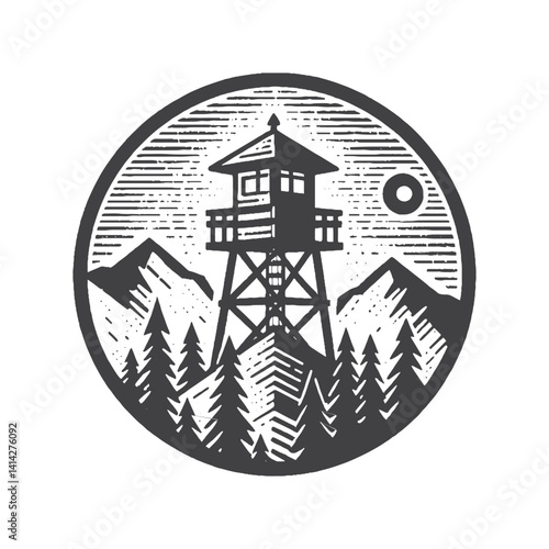 Fire Lookout Tower on a Mountain Peak Vector Design – Vintage Logo & Retro Illustration