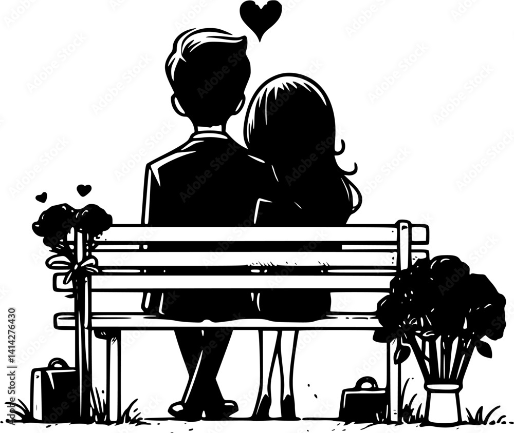Groom Bowtie Happy Couple Romantic Bench Vector Graphics