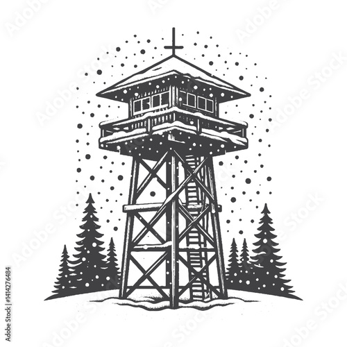 Fire Lookout Tower Vector Design – Vintage Logo & Retro Illustration