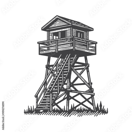 Fire Lookout Tower Vector Design – Vintage Logo & Retro Illustration
