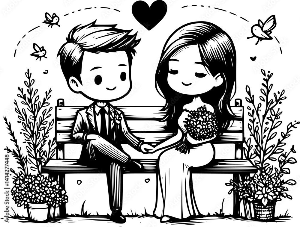 Heart Sparkle Engagement Photo Couple Sketch Vector Graphics