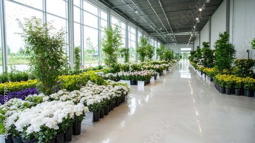 Bright greenhouse displays various plants and flowers