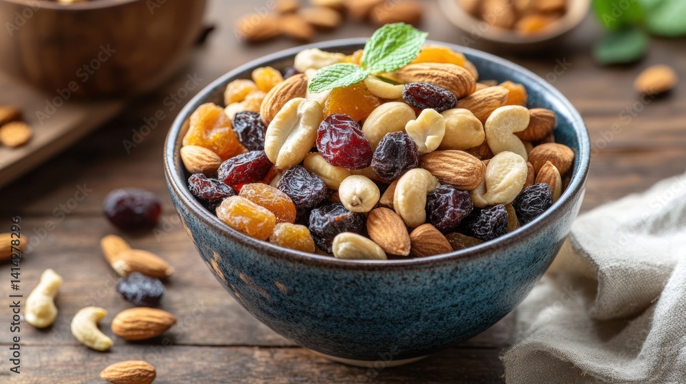 Delicious and Healthy Mix of Nuts and Dried Fruits in a Bowl Delicious and Healthy Mix of Nuts and Dried Fruits in a Bowl