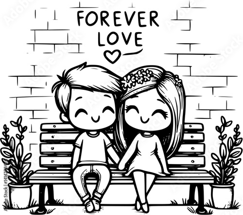 young cartoon couple sits closely on a park bench in front of a wall, enjoying a quiet romantic moment – a sweet and peaceful vector scene of love and connection in nature
