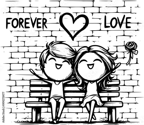 young cartoon couple sits closely on a park bench in front of a wall, enjoying a quiet romantic moment – a sweet and peaceful vector scene of love and connection in nature