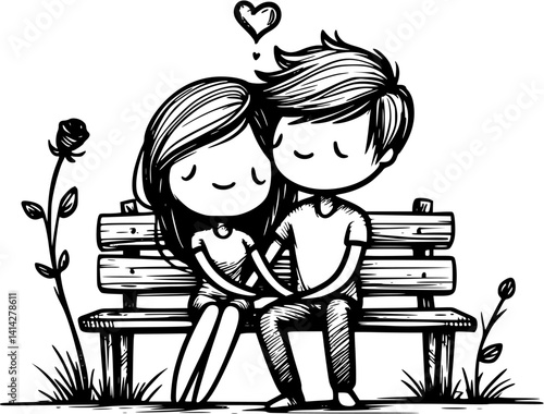 young cartoon couple sits closely on a park bench in front of a wall, enjoying a quiet romantic moment – a sweet and peaceful vector scene of love and connection in nature