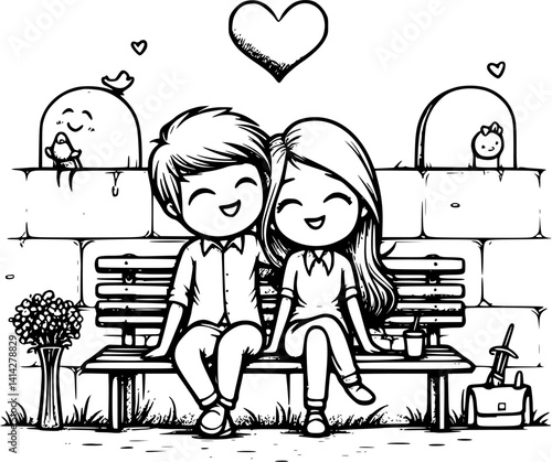 young cartoon couple sits closely on a park bench in front of a wall, enjoying a quiet romantic moment – a sweet and peaceful vector scene of love and connection in nature