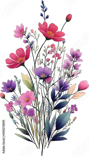 Colorful and delicate bouquet of spring flowers. Soft watercolor-style flowers in shades of pink and purple, creating a delicate and elegant bouquet. Bright and colorful wildflowers