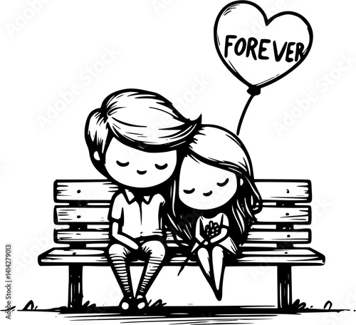 young cartoon couple sits closely on a park bench in front of a wall, enjoying a quiet romantic moment – a sweet and peaceful vector scene of love and connection in nature