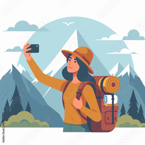 Happy hiker taking a selfie in front of mountains with a backpack in a colorful vector illustration