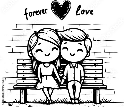 A young cartoon couple sits closely on a park bench in front of a wall, enjoying a quiet romantic moment – a sweet and peaceful vector scene of love and connection in nature